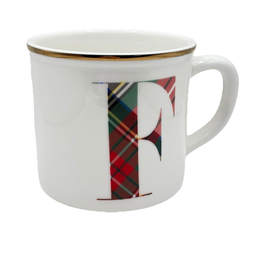 Pottery Barn Stewart Plaid Initial‎ Mug "F" Gold Rim Red Green Christmas Cup